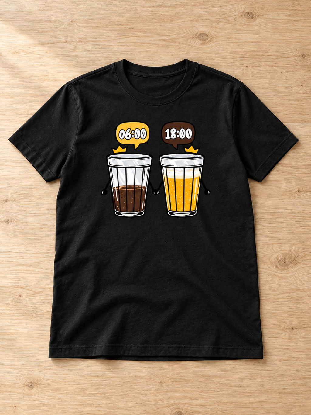 Camiseta 06:00 / 18:00 · preta, fotografada na bancada de madeira