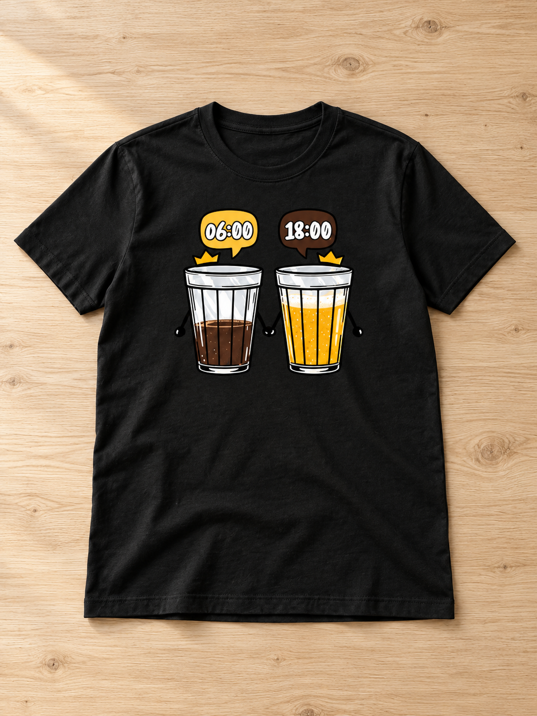 Camiseta 06:00 / 18:00 · preta, fotografada na bancada de madeira