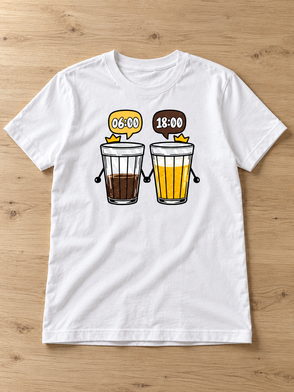 Camiseta 06:00 / 18:00 · branca, na bancada de madeira